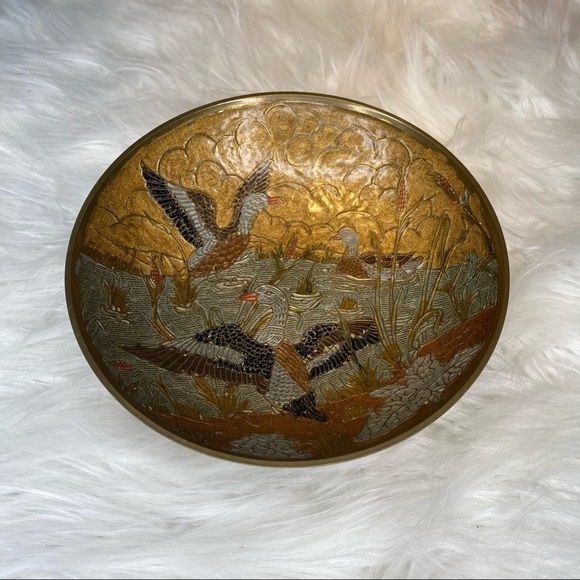 Archana Handicrafts Brass Cloisonné Painted Enamel Birds in Pond Decorative Bowl - Picture 1 of 10
